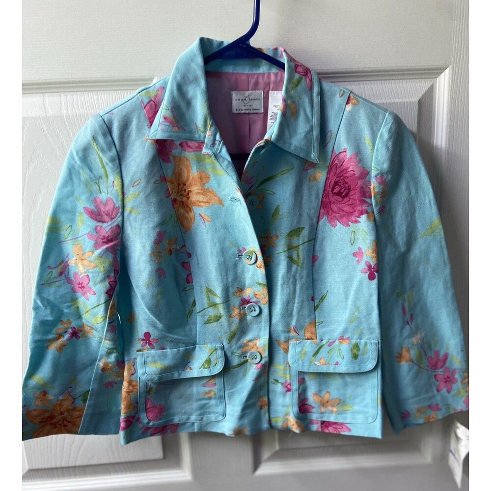 Emma James Linen Jacket Womens 4 Petite Blue Floral Front Pockets Career Office